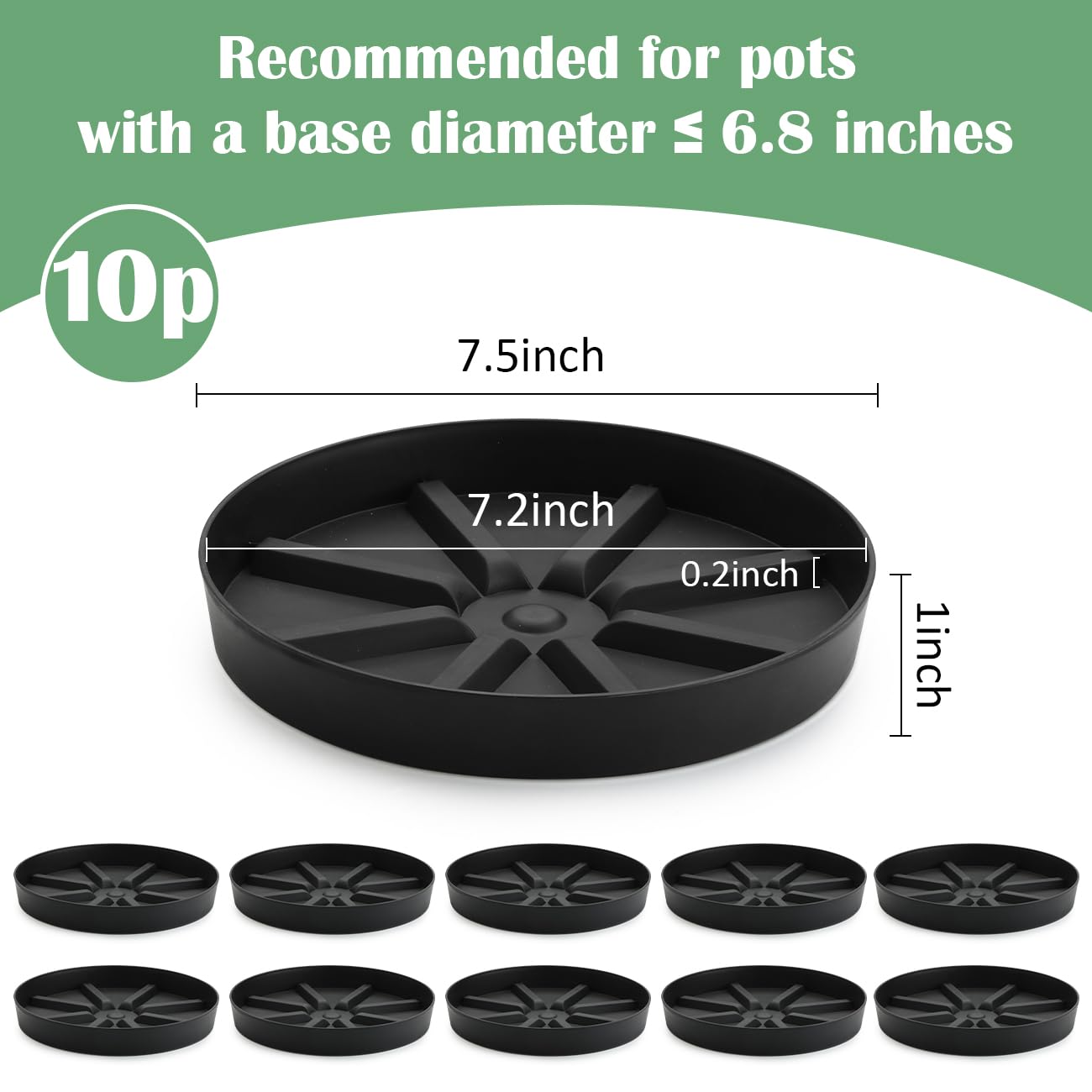 Elevated Plant Saucer 10P, 7.5 Inch Round Pot Tray with Raised Base for Indoor Outdoor Potted Plants– Extra Deep Design to Catch Overflow Water, Thick Drip Plate for Succulents & Houseplants