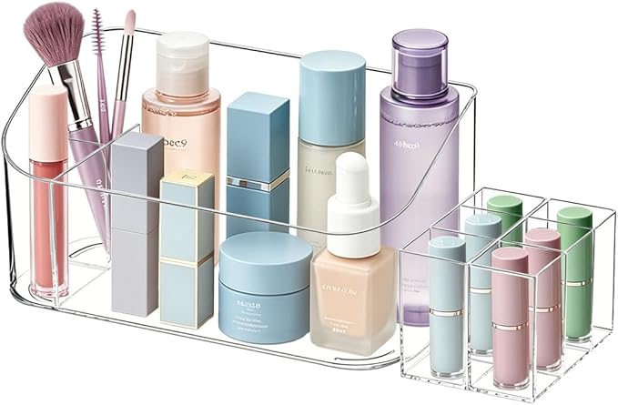 Makeup Tray Holder Organizer Cosmetic Display Case Tabletop Desktop Vanity Countertop Bathroom Wall Cabinet Medicine Storage Box 9 Dividers 2 Removable Women Ladies Girls Gifts Crystal Clear 1 PACK