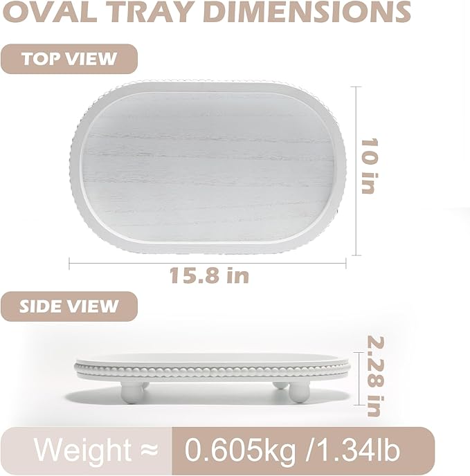 SYNCVIBE Wooden Decorative Tray for Home Decor, Beaded White Oval Tray Decor for Coffee Table, Rustic Wood Serving Trays Farmhouse Centerpieces for Living Room Kitchen Counter (White Oval)