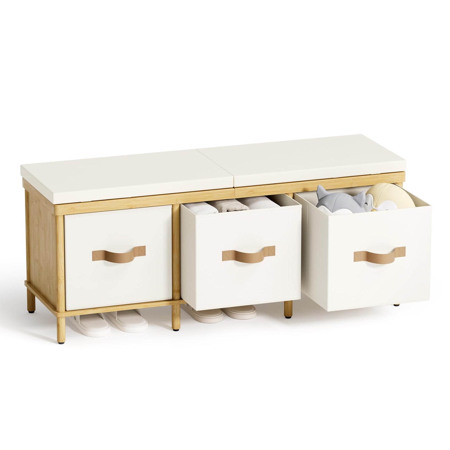 Atoping Storage Bench, 43.3" Bamboo Storage Chest with 3 Drawers, Entryway Bench with Cushioned Seat, End of Bed Bench with Storage Toy Box, Toy Chest Storage Bench for Entryway, Living Room, Bedroom