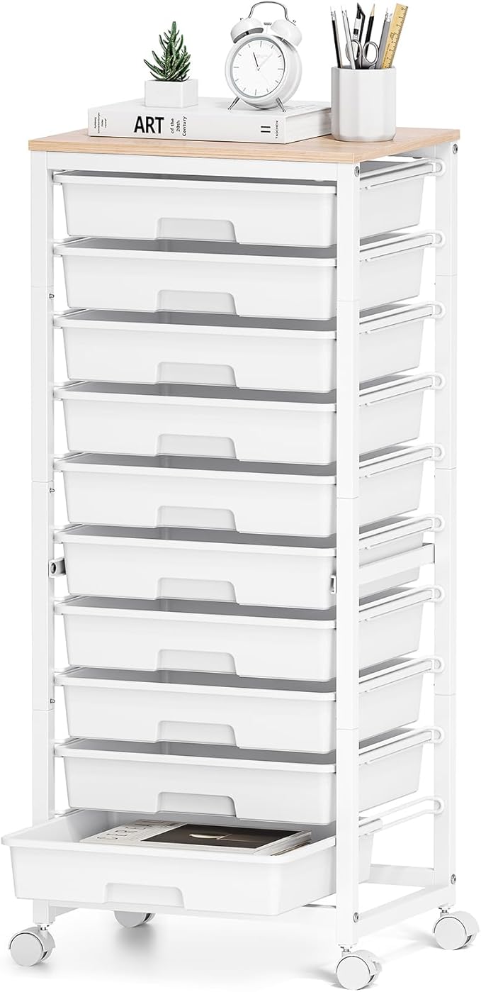SYKIARIOL Rolling Cart with Drawers,10 Drawer Rolling Cart,Storage Cart with Wheels,Utility Cart with Drawers,Teacher Cart for Classroom Storage,Craft Cart with Wheels and Wooden Tabletop,White