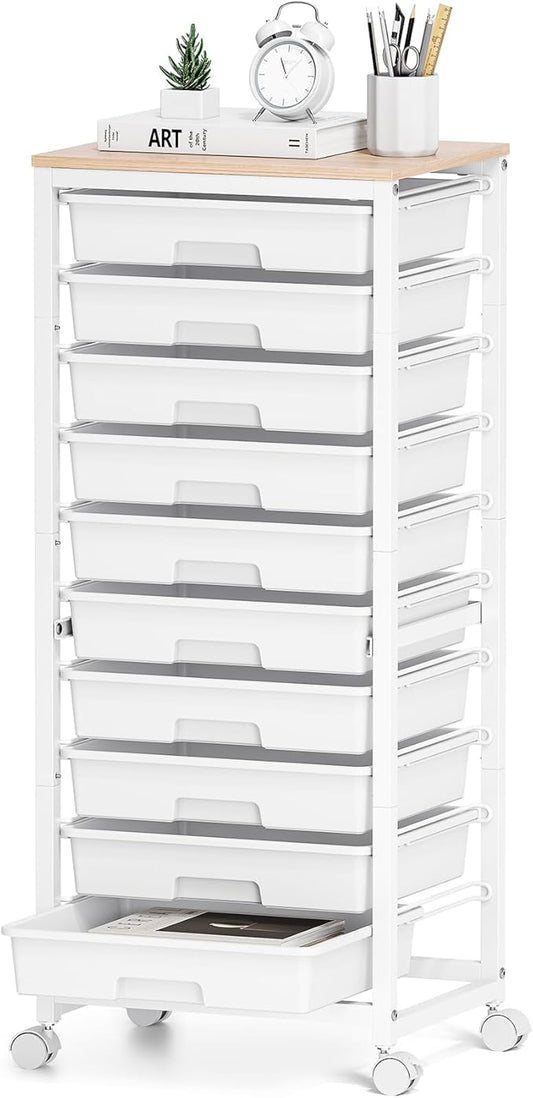 SYKIARIOL Rolling Cart with Drawers,10 Drawer Rolling Cart,Storage Cart with Wheels,Utility Cart with Drawers,Teacher Cart for Classroom Storage,Craft Cart with Wheels and Wooden Tabletop,White