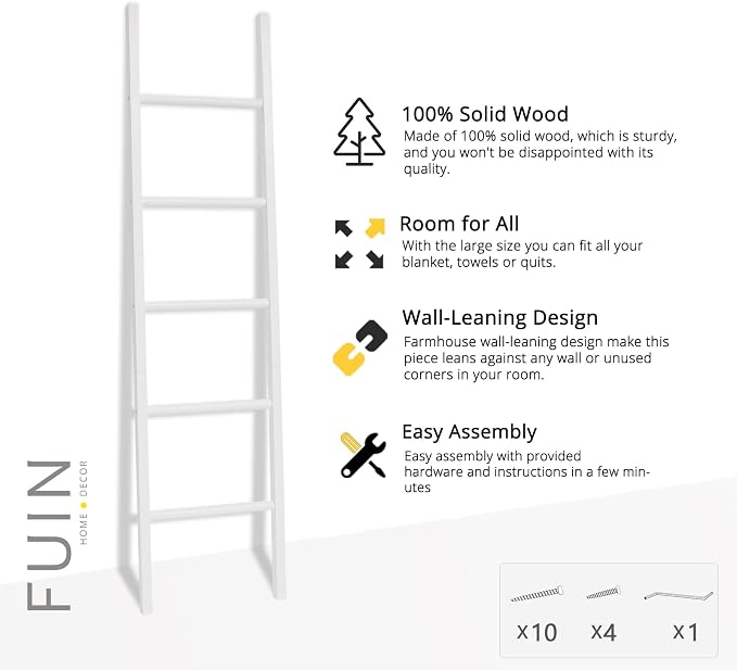 FUIN 6ft Wooden White Blanket Ladder Living Room Decorative Wall Leaning Farmhouse Quilt Display Holder Rustic Wood Towel Rack for Bathroom