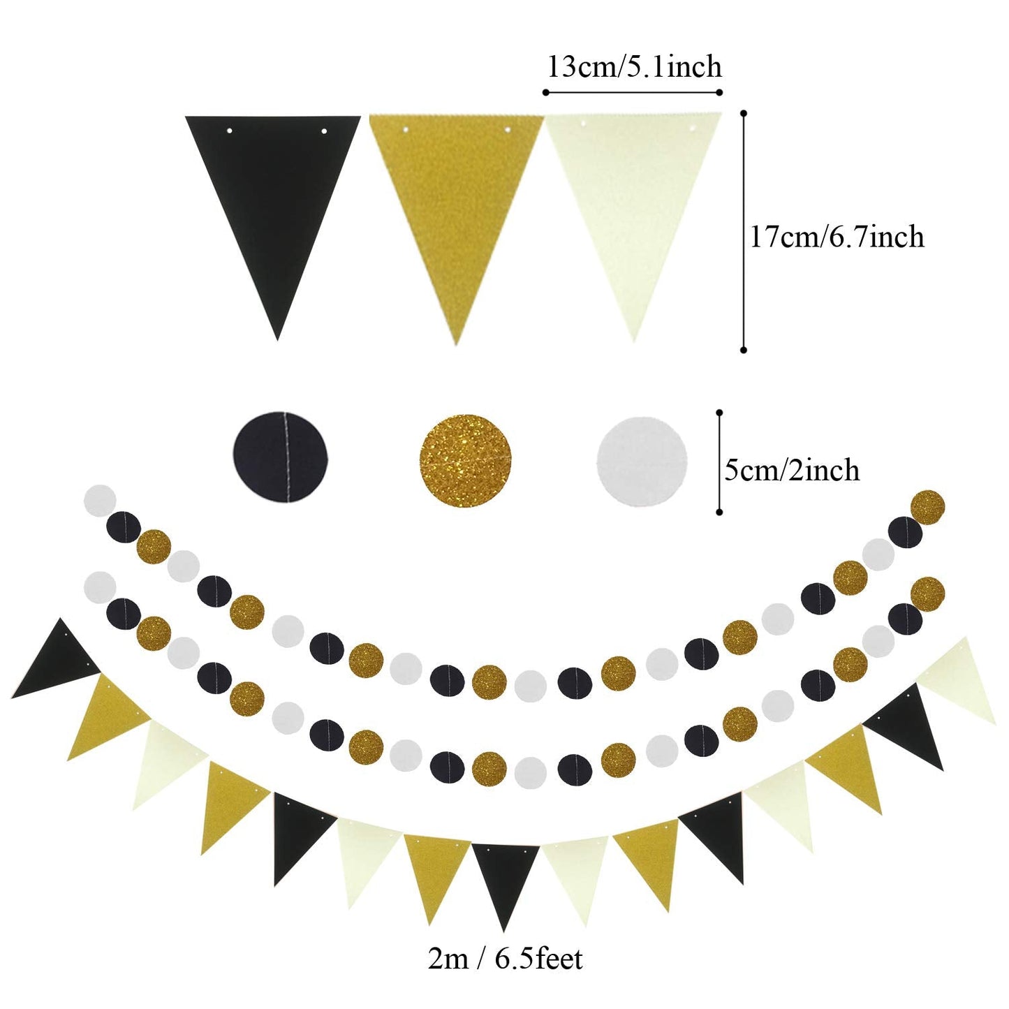 ZERODECO Party Decoration, 21 Pcs Black and Gold Hanging Paper Fans, Pom Poms Flowers, Garlands String Polka Dot and Triangle Bunting Flags for Birthday Parties Wedding Décor, Table & Wall Decorations