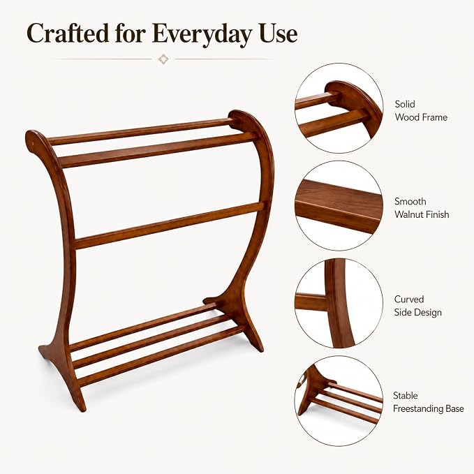 Leinuosen Wood Quilt Rack with 3 Rungs, Free Standing Blanket Holder for Living Room Bedroom Bathroom, 16.69" D x 30" W x 36" H, Retro Curved Ladder Design, Solid Wood, Antique Walnut Finish