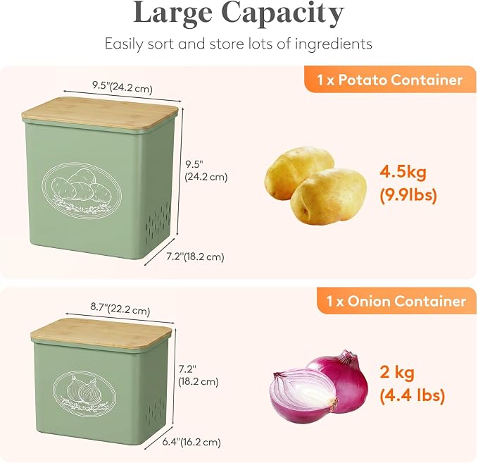 Lifewit Onion and Potato Storage Bin with Aerating Holes and Lid, Stackable Garlic Keeper, Plastic Vegetable Container Box for Kitchen, Green, Set of 2