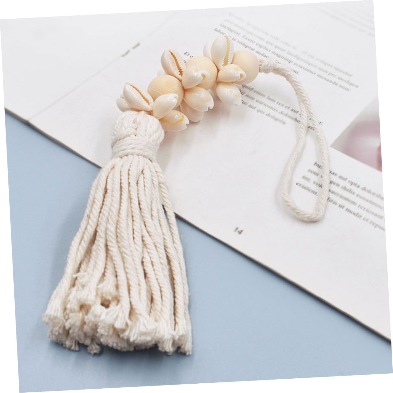 KONTONTY Boho Coastal Decor Wooden Beads String Pendant with Cotton Tassels and Seashells 9.84In Rustic Farmhouse Hanging for Wall Window Decoration