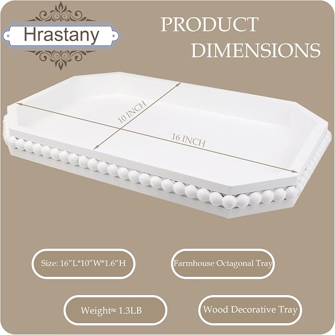 Hrastany White Wood Serving Tray with Beads, Farmhouse Decorative Tray for Table Centerpiece, Christmas Wedding Halloween Home Decor