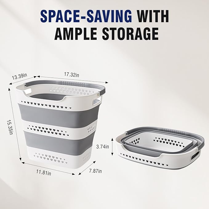Collapsible Plastic Laundry Basket Hamper with Handles, Large 42L Portable Rubber Clothes Basket, Pop Up Storage Container/Organizer for Washing & Storage, Grey