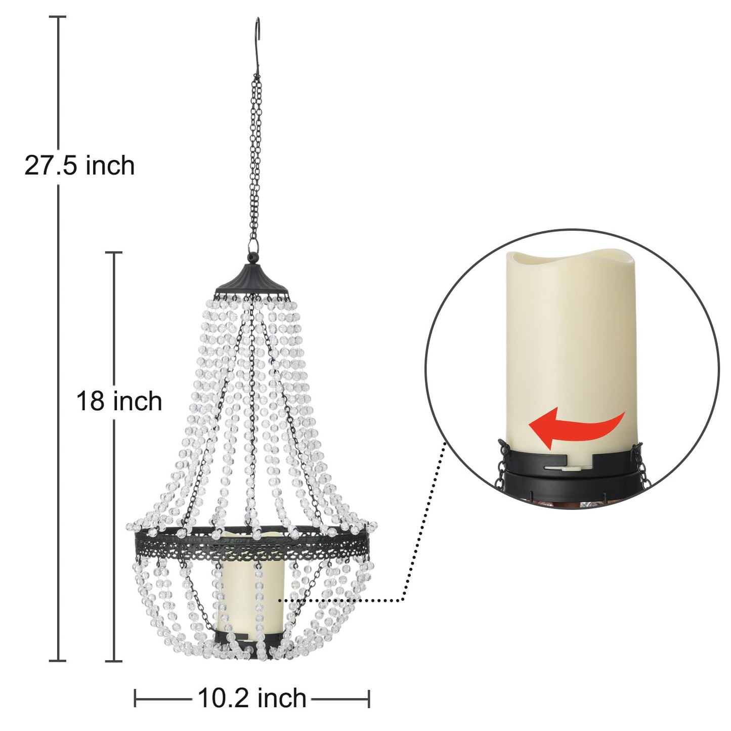 Hanging Candle Lantern Outdoor, 27” Battery Operated Modern Clear Acrylic Crystal Chandeliers with Flickering Yellow Led Candle Light S Hooks for Garden, Backyard, Gazebo, Room Indoor Indoor Decor
