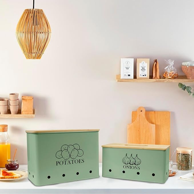 Potato and Onion Storage Bin Set of 2, Vented Metal Vegetable Storage with Wooden Lids, Farmhouse Kitchen Canisters for Countertop Pantry Organizer, Potato Bin Onion Holder for Produce Storage, Green