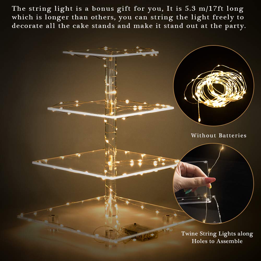 YestBuy Cupcake Stand with Yellow Led Lights, 4 Tier Cupcake Stand for 50 Cupcakes, Acrylic Cupcake Tower Stand, Clear Tiered Cupcake Holder for Birthday Cady Bar Décor Weddings, Parties Events