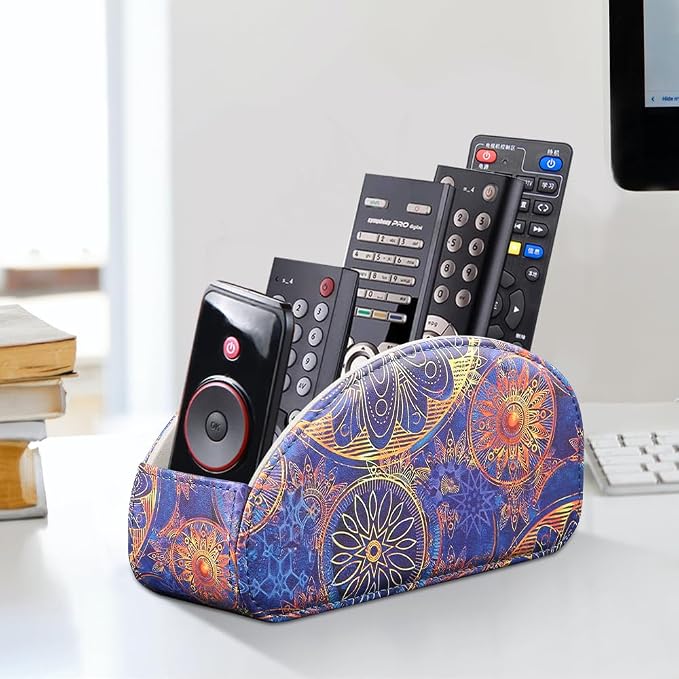 TV Remote Control Holder with 5 Compartments,Pu Leather Remote Caddy/Box/Tray Bedside Table Desk Storage Organizer for DVD, Blu-Ray, Media Player, Heater Controllers and Cosmetics Office Supplies