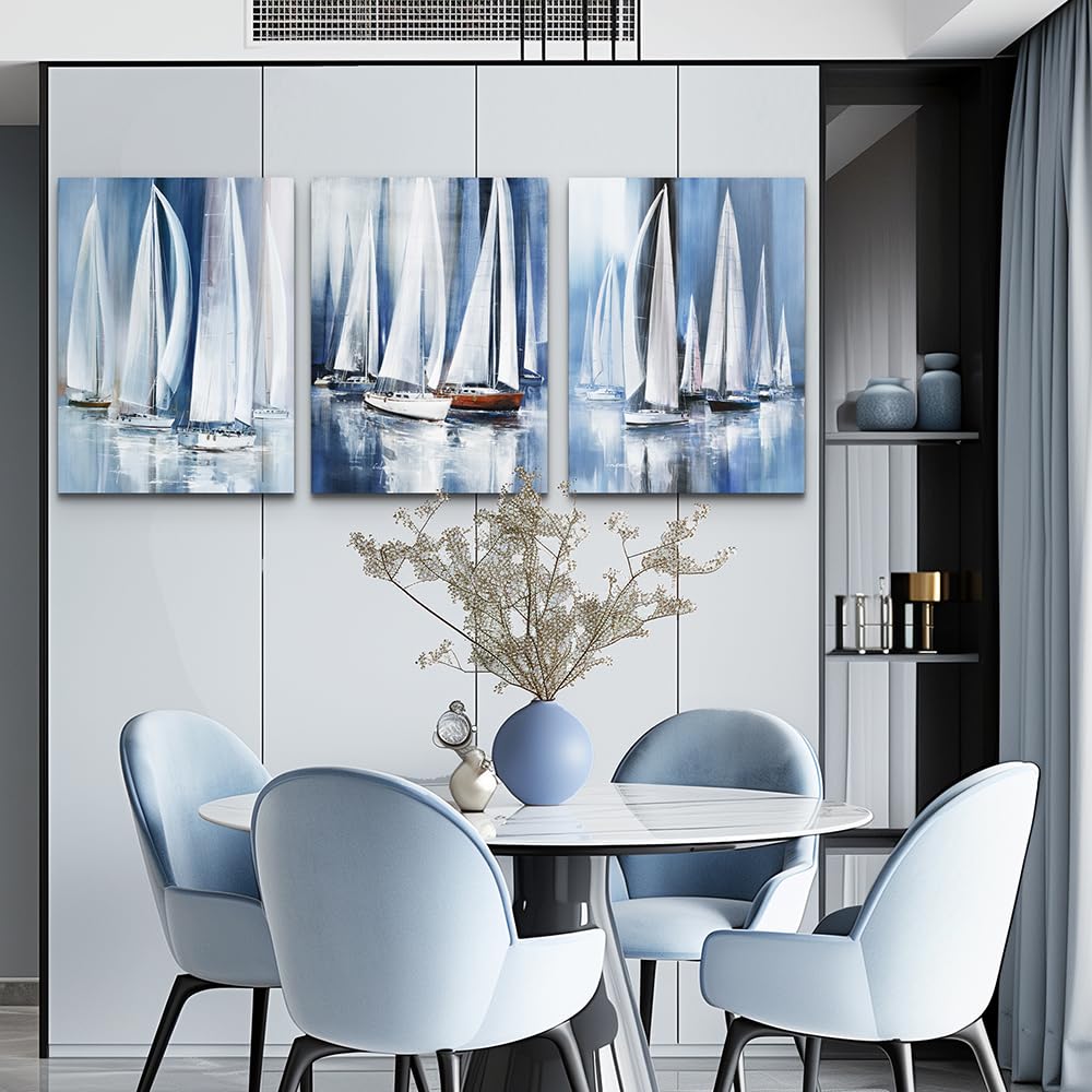 3 Piece Framed Canvas Wall Art For Living Room Bathroom Bedroom Wall Art Decor Ocean Landscape Sailboat Abstract Canvas Painting Ready To Hang Office Home Decoration Sea Poster Pictures Wall Artworks
