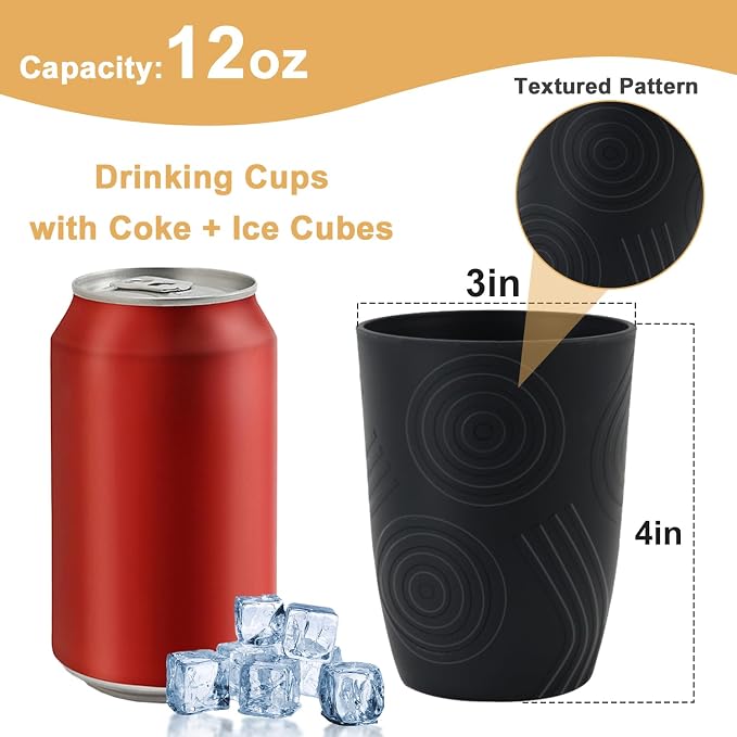 Wheat Straw Cups Sets of 6, Plastic Cups Reusable, Drinking Cup for Kitchen, Small Kids Cup, Unbreakable Water Cup, Dishwasher Safe Plastic Glasses for Kitchen, Camping, School (Black)