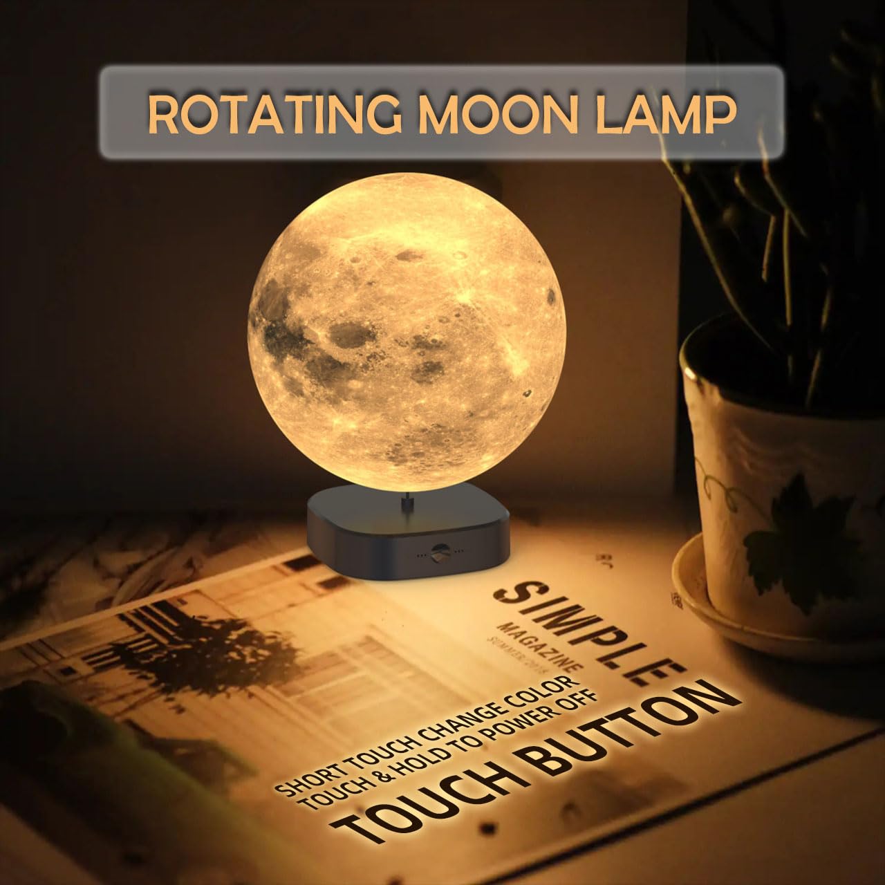 Camdii Moon Lamp, 6 inch 3D Printed Floating Moon lamp, auto Light up with self Rotating, Moon Light lamp for Kids (Black Base)