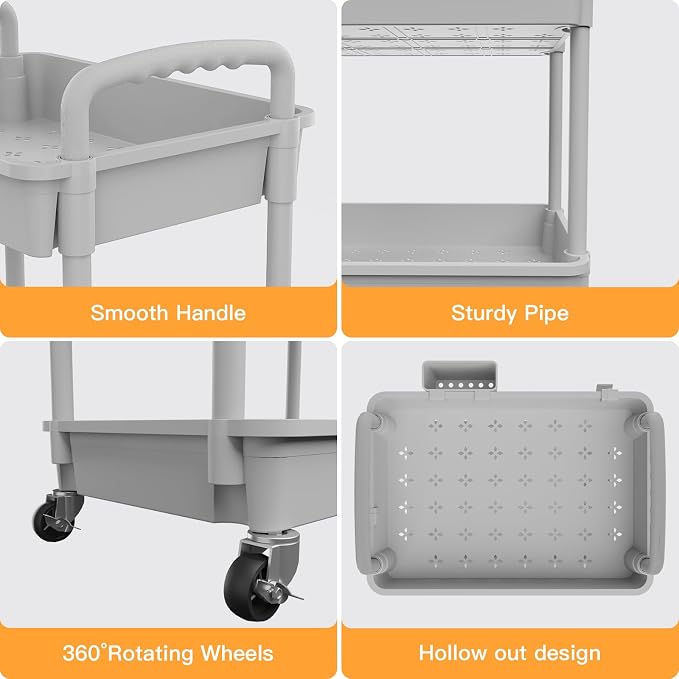 4 Tier Rolling Utility Cart with Handle,REBECAT Utility Cart Made of Multifunctional Storage Organizer Tool for Kitchen,Bathroom,Living Room,Office(Gray)
