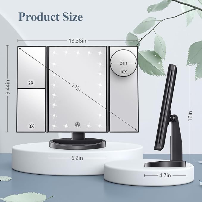 HUONUL Makeup Mirror, Vanity Mirror with Lights, 2X/3X/10X Magnification, Touch Control, Trifold, Dual Power Supply, Birthday Gifts for Women, Wife, Mom, Girls,Dorm Room Essentials