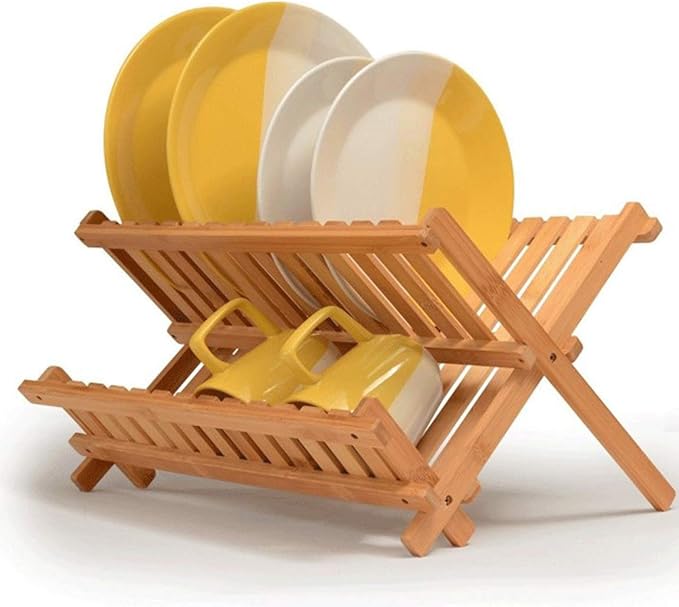 Lawei Collapsible Bamboo Dish Drying Rack - Plate Holder Dish Rack Cup Drying Strainer for Dish, Plate, Bowls, Cup