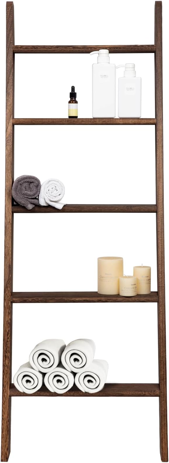 Rustic 5-Tier Wall-Leaning Wood Loadder Towel Racks for Bathroom Livingroom Kithen Office Woden Farmhouse Ladder-Style Blanket Rack Multipurpose Organizer Rack for Home (Brown)
