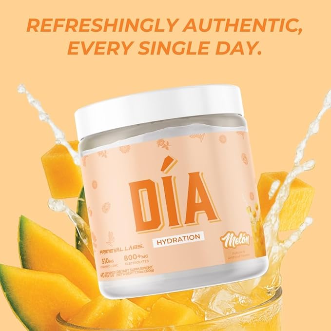 Primeval Labs Dia Hydration Electrolyte Powder | Vitamin C + Zinc, Taurine & Electrolytes | Low Sugar Daily Hydration Drink | 40 Serving Tubs | Melon