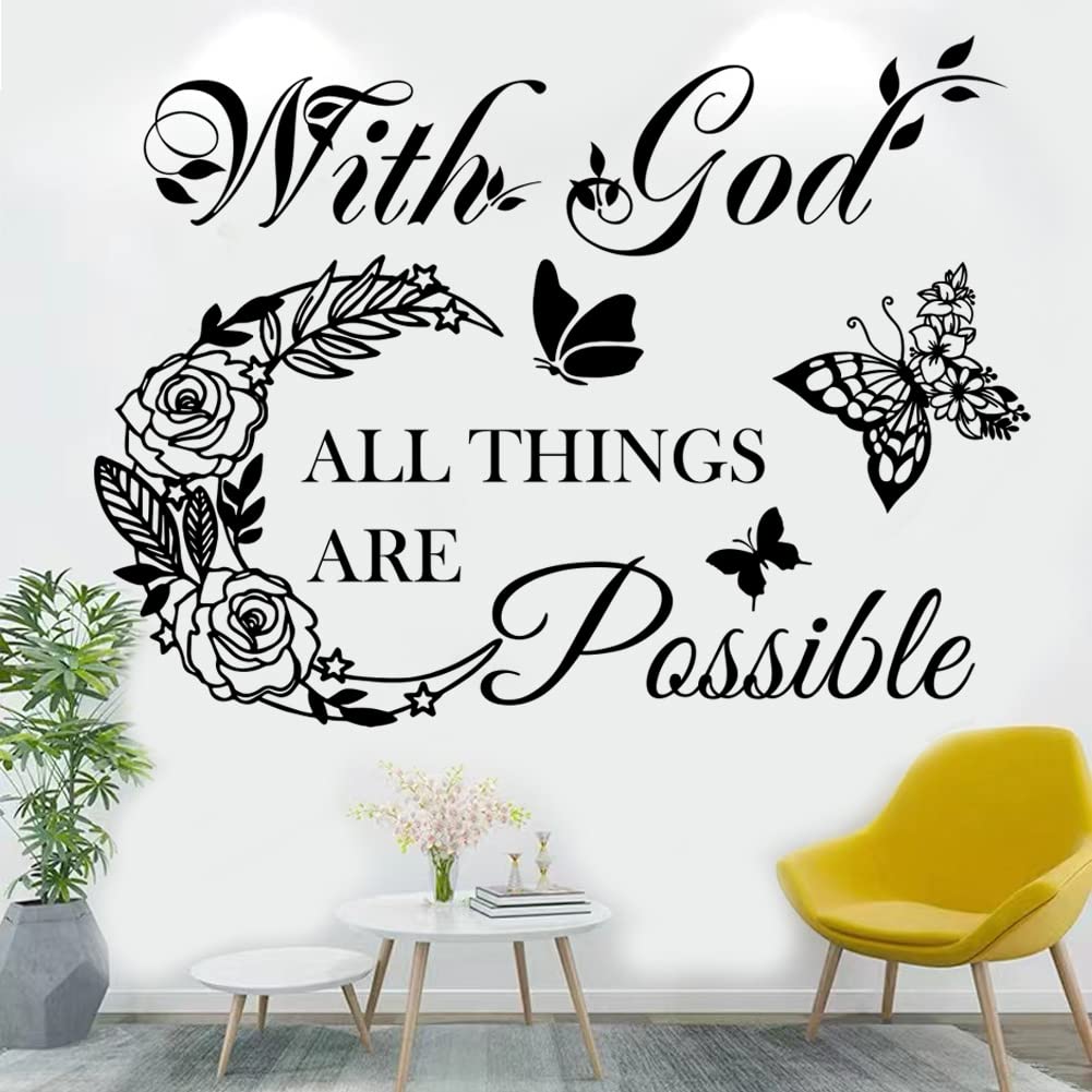 Inspirational God Things are Possible Vinyl Wall Sticker Peel and Stick Quote Bible Sticker Christian Wall Decor Quote Wall Art Stickers for Home Walls Living Room Bedroom Decoration