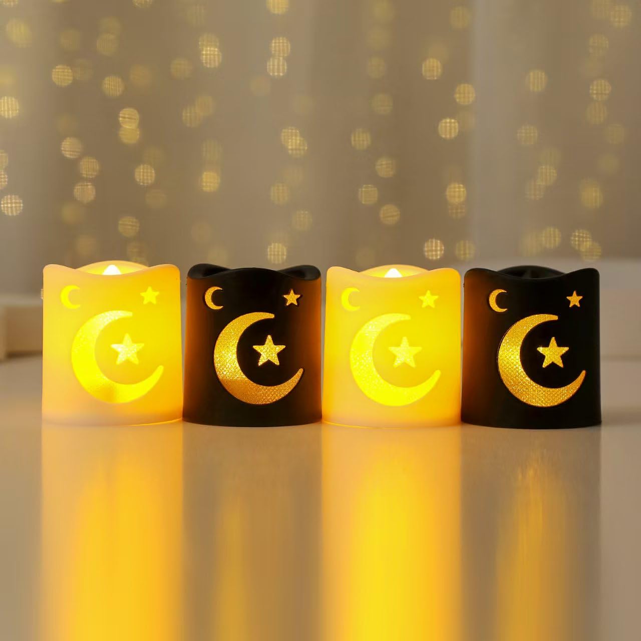 NUVCELKA Ramadan Lantern, 4 Pack LED Mini Moon Star Pattern for Home Table Fireplace Indoor Eid Mubarak Decor