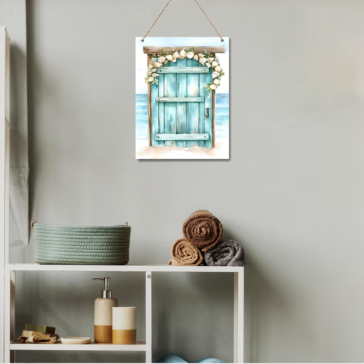 Coastal Beach Decor Wooden Nautical Wall Decor,Ocean Sea Wall Art，Rustic Door Seashell Hanging Wood Plaque for Front Door Home Farmhouse Living Room Beach House Nursery Bedroom，7.8x10.2 inch