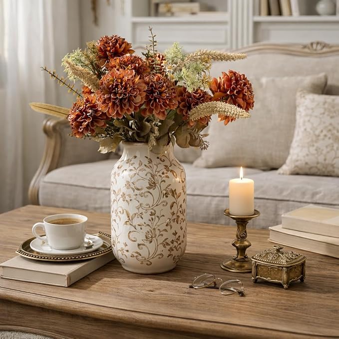 SIDUCAL Ceramic Vintage Vase, 8.78 Inch Chinoiserie Floral Vase, Retro Ice Cracked Rustic Farmhouse Vases for Home Decor, Living Room, Bookshelf, Office, Tuscan Decor, Brown Floral Pattern