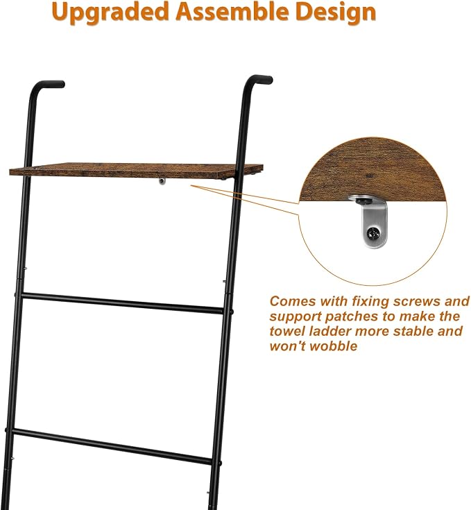 Vrisa Blanket Ladder Wall Leaning Blanket Rack Farmhouse 5-Tier Metal Blanket Holder with Shelf Bath Towel Storage for Bathroom Quilt Bedroom Living Room Pool Black