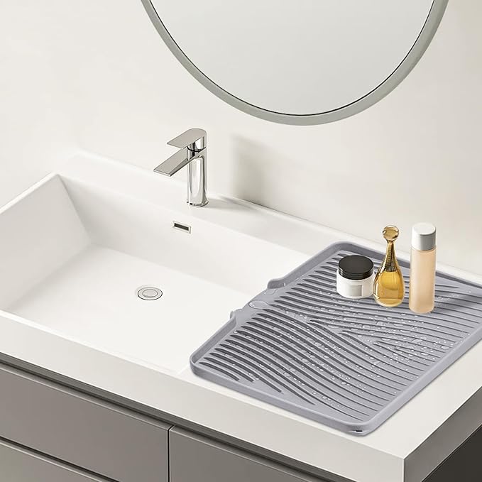 TIKNIK Silicone Dish Drying Mat for Kitchen Counter - Heat Resistant & Non-Slip Dish Drain Pad with Built-In Drain, Dishwasher Safe, Quick-Dry, Hangable & Roll-Up for Storage, Grey-2pcs, 20" x 15"