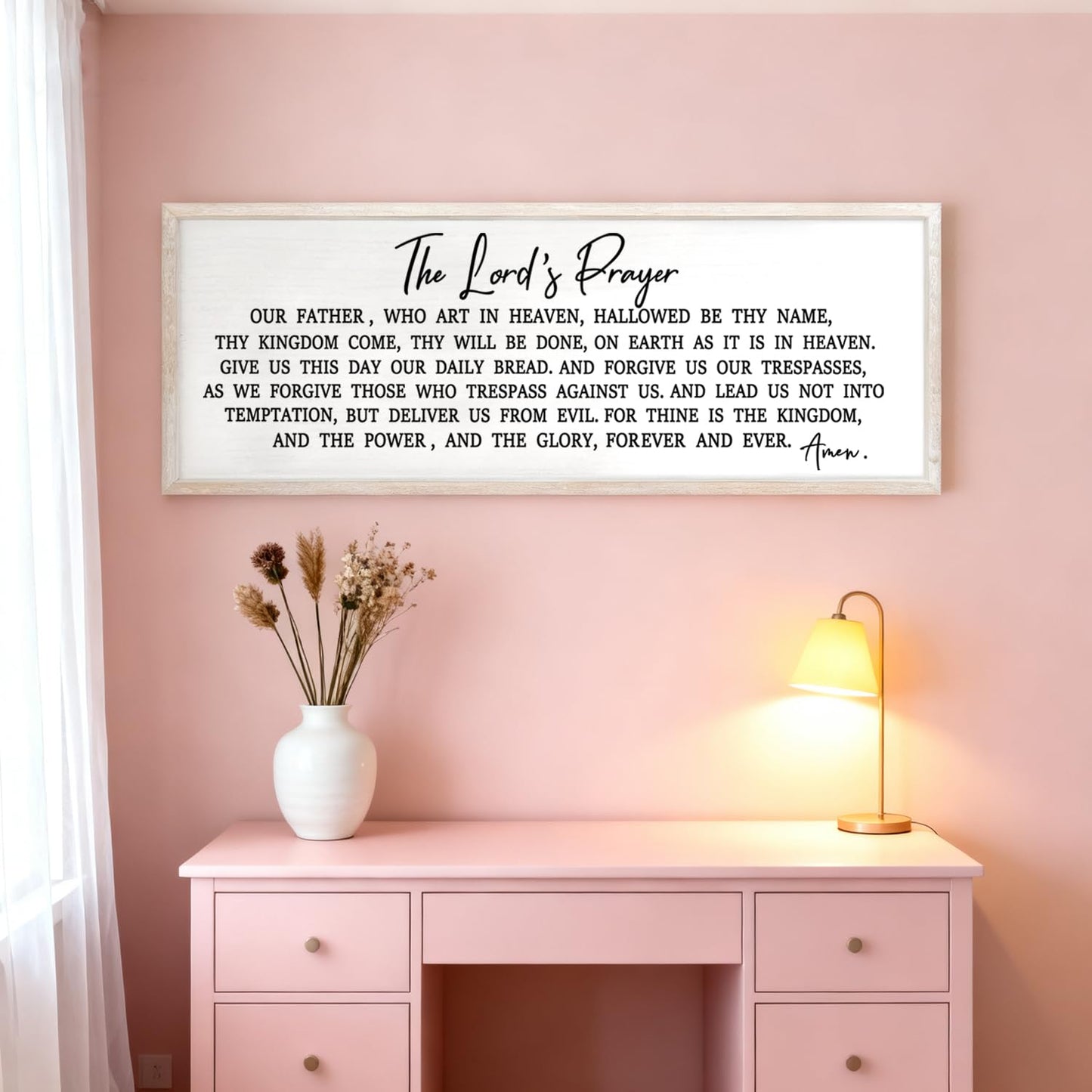 Our Father Prayer Bible Verse Framed Wall Art, 40''×15'' Rustic Religious Christian Lords Prayer Sign for God Jesus Christ Prayer, Horizontal Holy Inspirational Catholic Scripture Decor