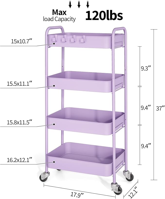 TOOLF 4-Tier Rolling Cart - Metal Storage Organizer with Lockable Wheels, 44 lbs Per Shelf Capacity, Tool-Free Assembly, for Kitchen Bathroom Office Laundry Room Nursery, Purple