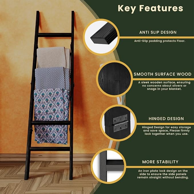Decorative Foldable Wooden Blanket Ladder with Hooks, 6-Tier Pine Wood Quilt Ladder 68" — Easy Assembly, Anti-Slip, Farmhouse Decor Rack Stand for Living Room, Bedroom Bathroom (Black)