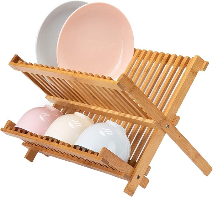 Lawei Collapsible Bamboo Dish Drying Rack - Plate Holder Dish Rack Cup Drying Strainer for Dish, Plate, Bowls, Cup