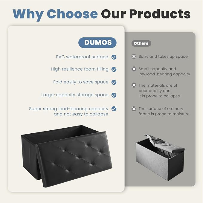 DUMOS 30 Inch Folding Storage Ottoman Bench, Large Hidden Storage Chest withThicker Foam Padded Seat, End of Bed Foot Rest Stool for Bedroom Living Room Entryway, Load 660 lbs, Black