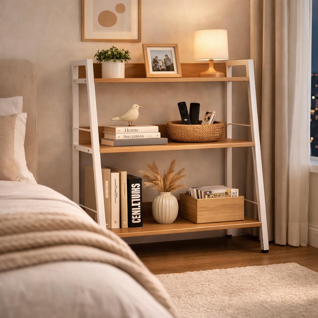 YCICI 3 Tier Bookshelf, Small Bookshelf for Small Spaces, Wood and Metal Bookcase, Open Shelf Organizer, Modern Storage Shelf for Living Room and Office (White, Ladder)