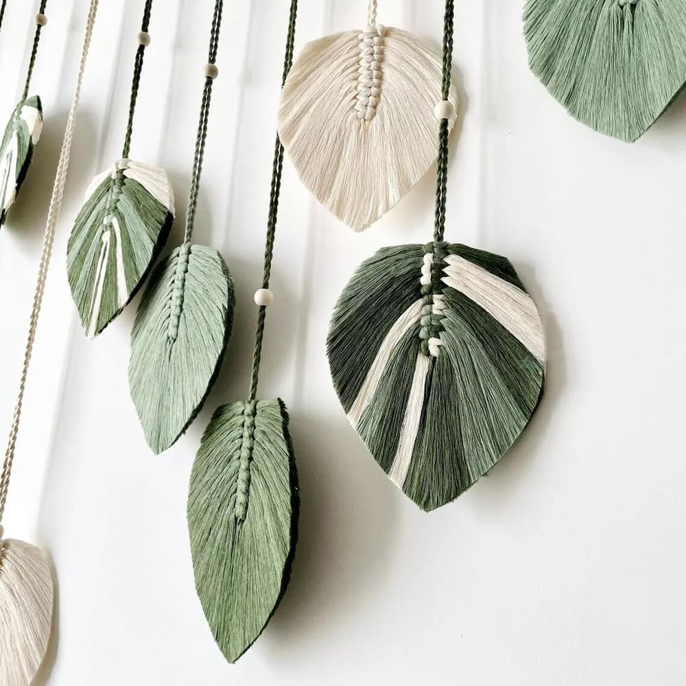 M MANUAL Macrame Leaves Wall Hanging 47.3x29.5Inch Large Chic Feather Boho Macrame Wall Decor Leaf Hanging Photo Display Handmade Woven Wall Art 16pcs Leaf Tapestry - Green