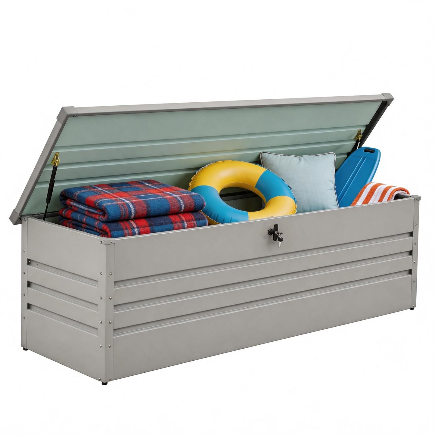 FammyLoft 260 Gallon Waterproof Outdoor Storage Box, Extra Large Outside Metal Deck Storage Box for Patio Cushions, Garden Tools, Pool Supplies, Light Gray