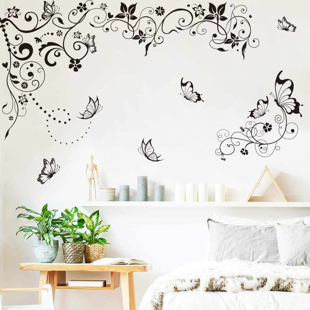 Runtoo Hanging Flower Vine Wall Stickers Black Floral Butterfly Wall Decals for Bedroom Living Room Home Decor