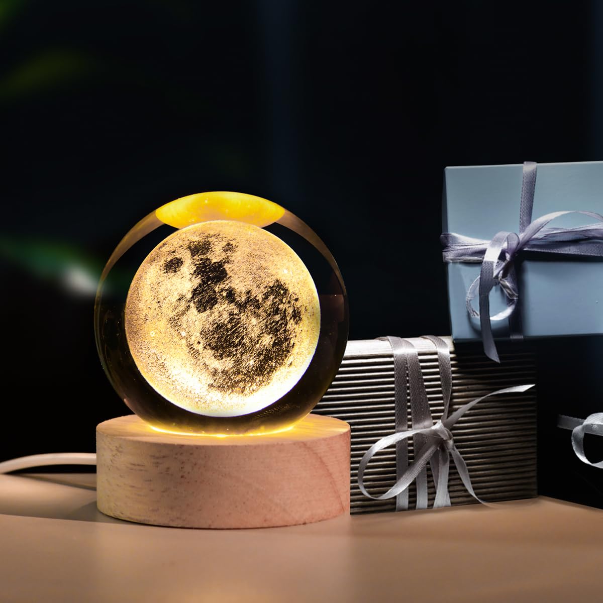 3D Moon Crystal Ball with LED Stand, Moon Figurine Decor Glass Sphere Lamp, Space Planet Globe Night Light Gifts for Women Men Mom Kids