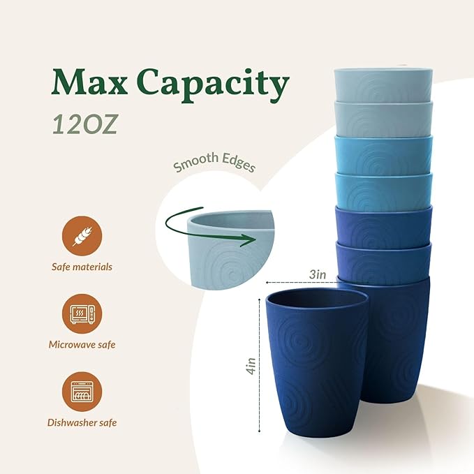 Homienly Wheat Straw Cups Set of 8, 12oz Drinking Cups, Plastic Cups Reusable Dishwasher Safe, Water Cup Set for Juice, Milk, Coffee - Ocean