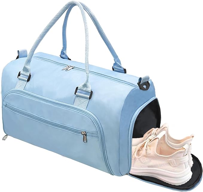 woogwin Small Gym Bag for Men & Women with Shoes & Wet Compartment Waterproof Duffle Bag for Travel Sports Workout Overnight Weekender (17.7'',Blue)