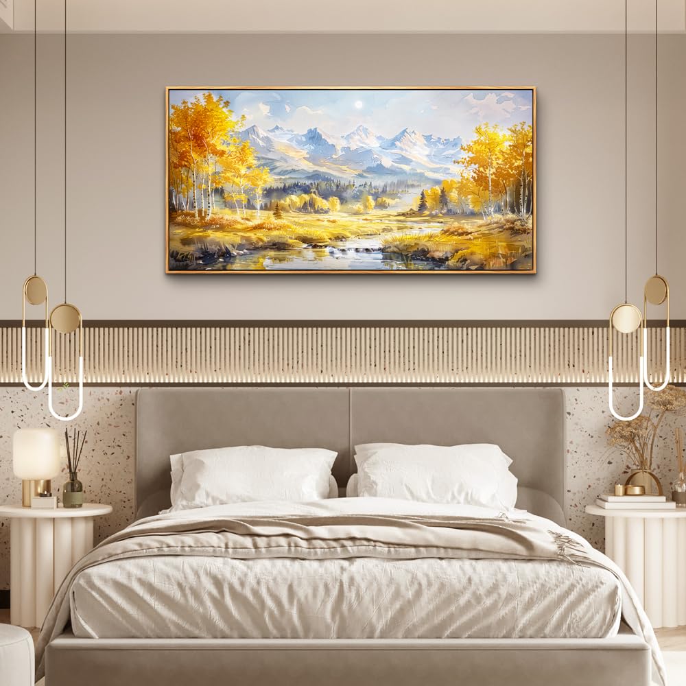 ZUITINGHUA Wood Framed Canvas Wall Art For Living Room Wall Decor For Bedroom Office Wall Decorations Yellow Tree Landscape Paintings Mountain Pictures Artwork Room Aesthetic Home Decor 20x40 In