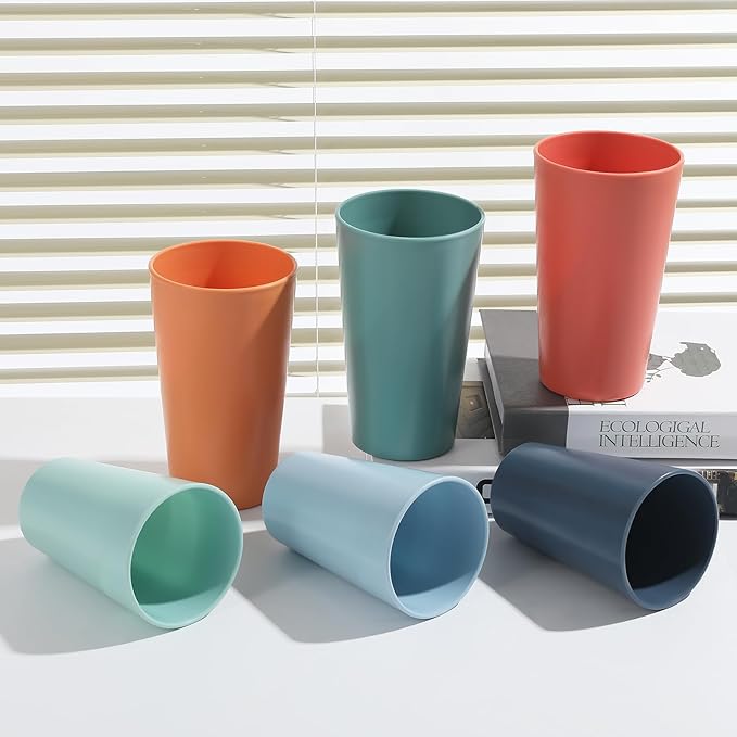 24 Pcs Unbreakable Plastic Cups Set, 20 oz Reusable Plastic Cups, Stackable Water Tumblers, Drinking Cup for Kitchen, Outdoor, BPA-free, Dishwasher Refrigerator and Microwave Safe (20 oz, 6 Colors)