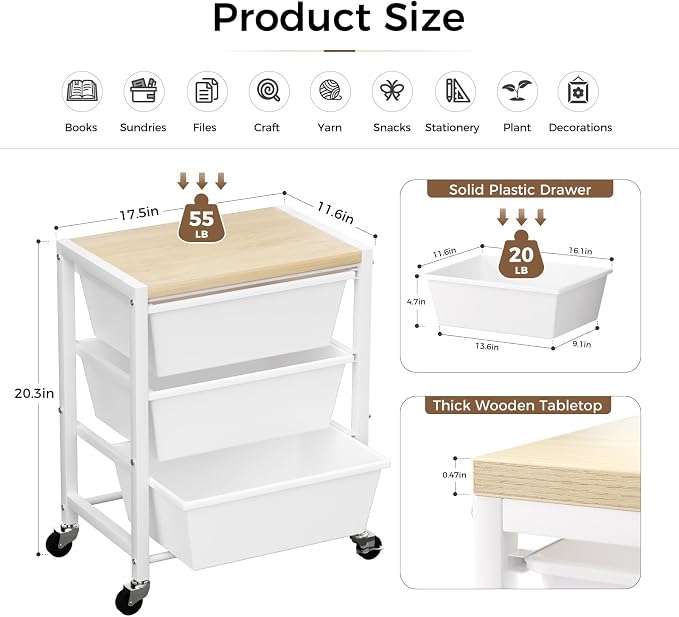 Rolling Cart with 3 Drawers, Plastic Drawer Storage Carts with Lockable Wheels & Wooden Tabletop, Metal Art Craft Utility Cart Organizer for Home Office Bedroom Dorm Bedside Classroom, Bright White