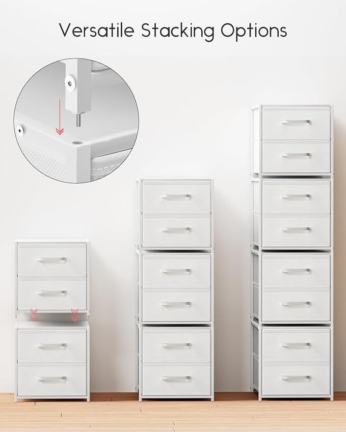 Homsorout Stackable Storage Drawers - 2 Tier Closet Organizer with Metal Handles and Metal Frame, Fabric Dresser with Collapsible Bins for Bedroom, Dorm, Office, White, 2 Pack