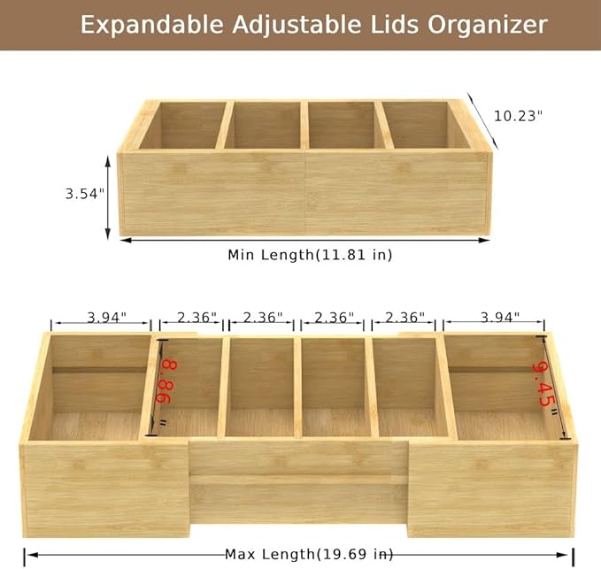 Retro Shaw Lid Organizer for Cabinet, Bamboo Expandable Kitchen Organizer with 3 Adjustable Dividers for Plastic Lids, Large Food Storage Container Lid Holder for Drawer, Countertop, Pantry