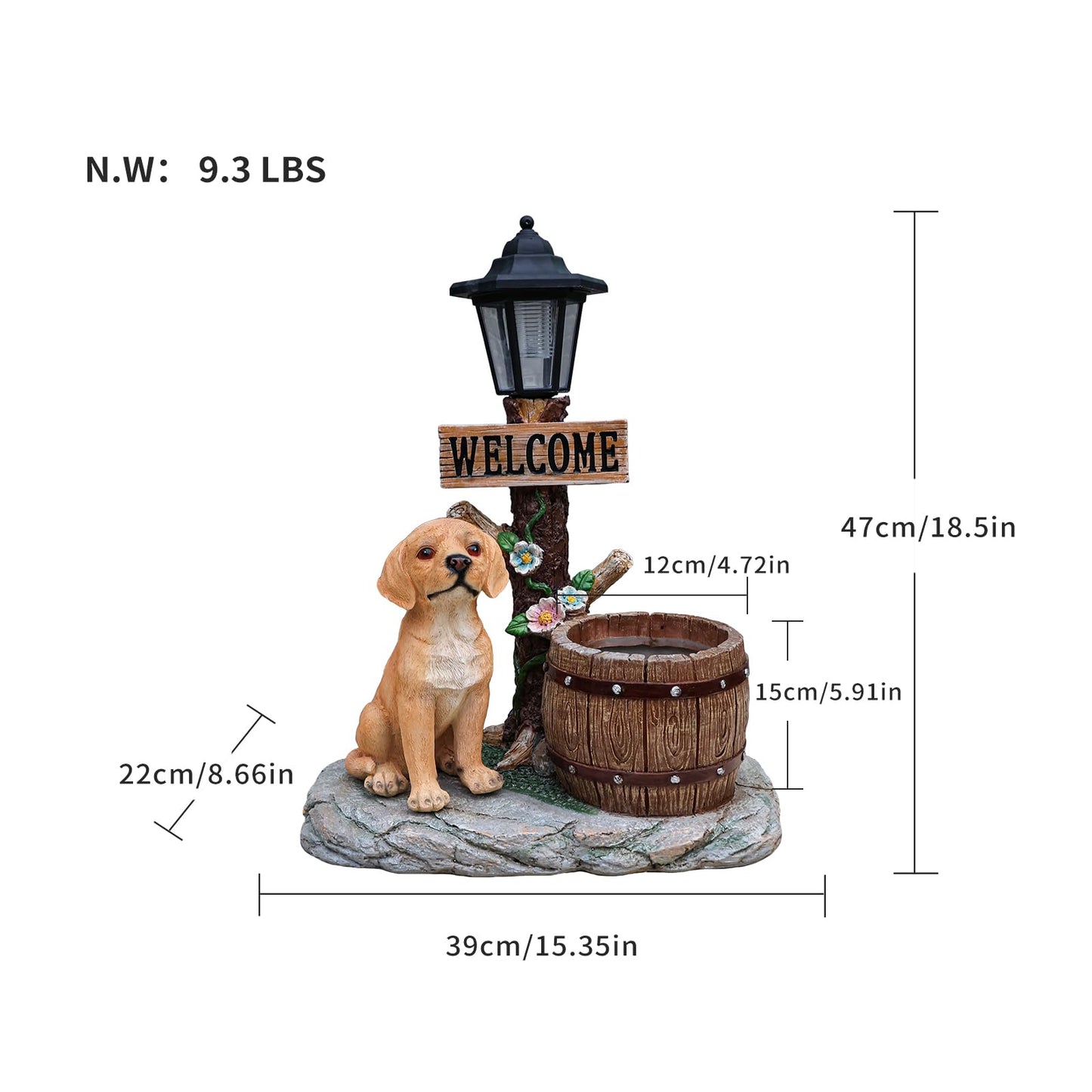 UNOIRNM Golden Retriever Puppy Garden Statue - with Solar Light and Wood Barrel Planter, 18.5" Tall Welcome Dog Figurine for Lawn Decor, 9.3 lbs Durable Resin Outdoor Ornament, 15.4" Length