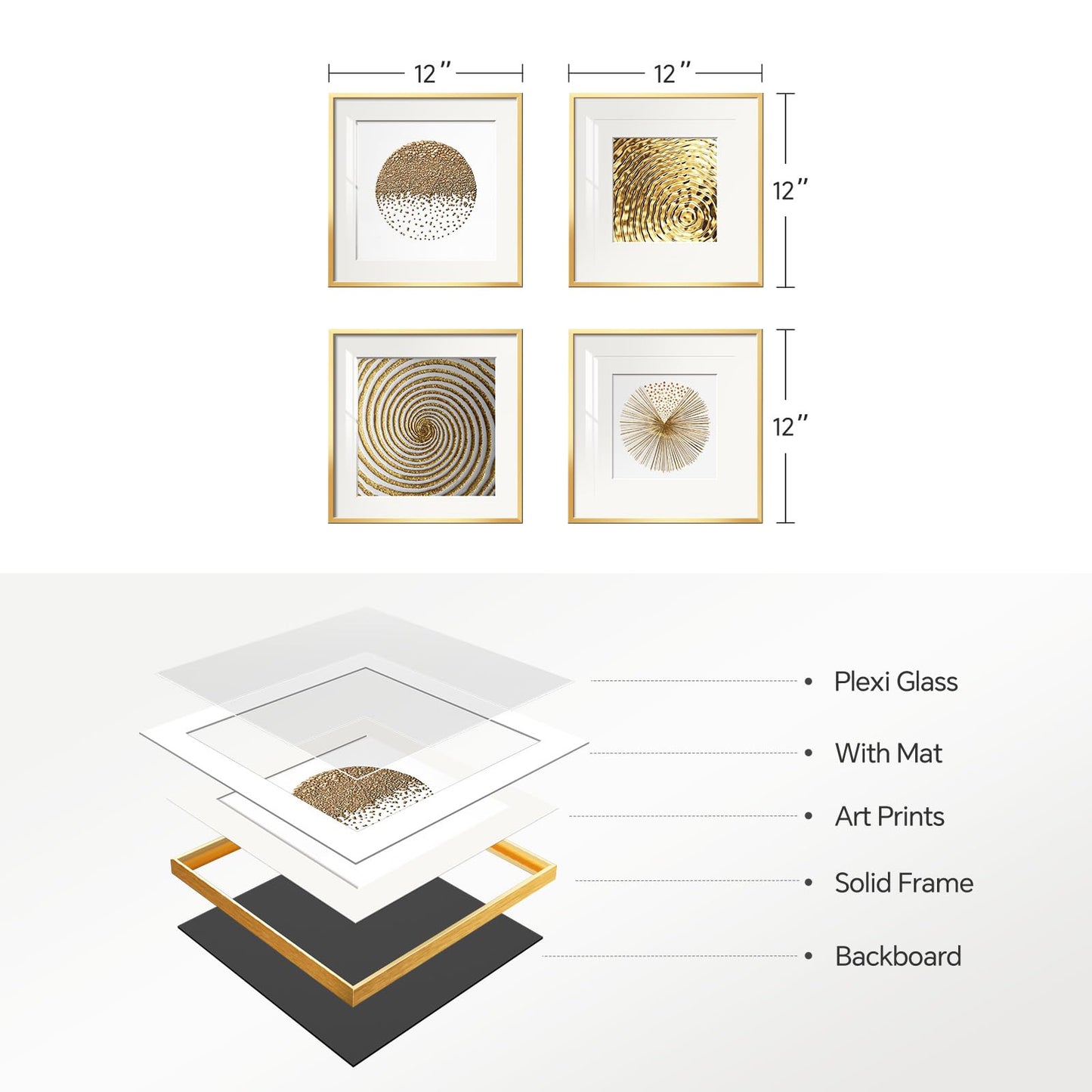 4 Pcs Framed Modern Gold and White Wall Art, Luxury Minimalist Canvas Pictures Prints, Geometric Painting Artwork Home Decoration for Hallway, Bathroom, Dining Room and Living Room